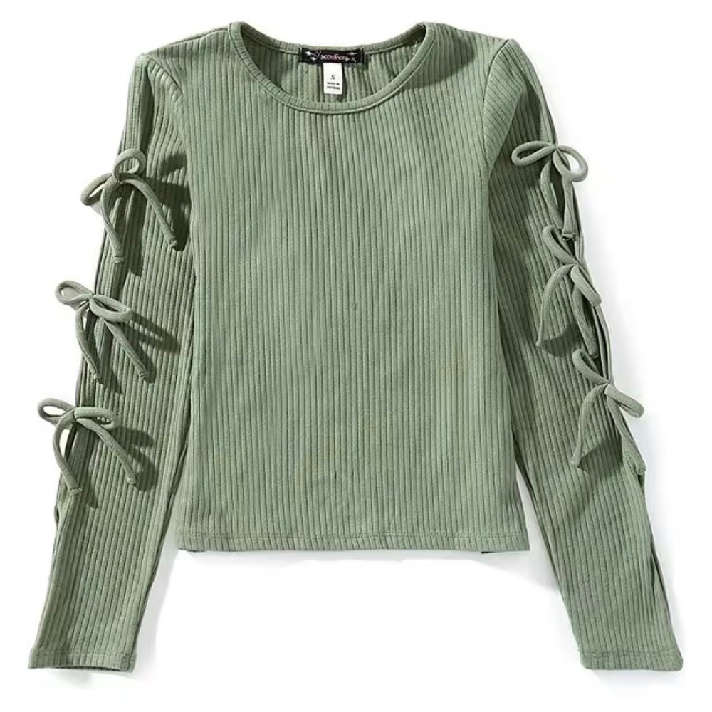 Speechless Kids Ribbed Top Kids Size Medium Olive Green NWT Bow Sleeve Cutouts